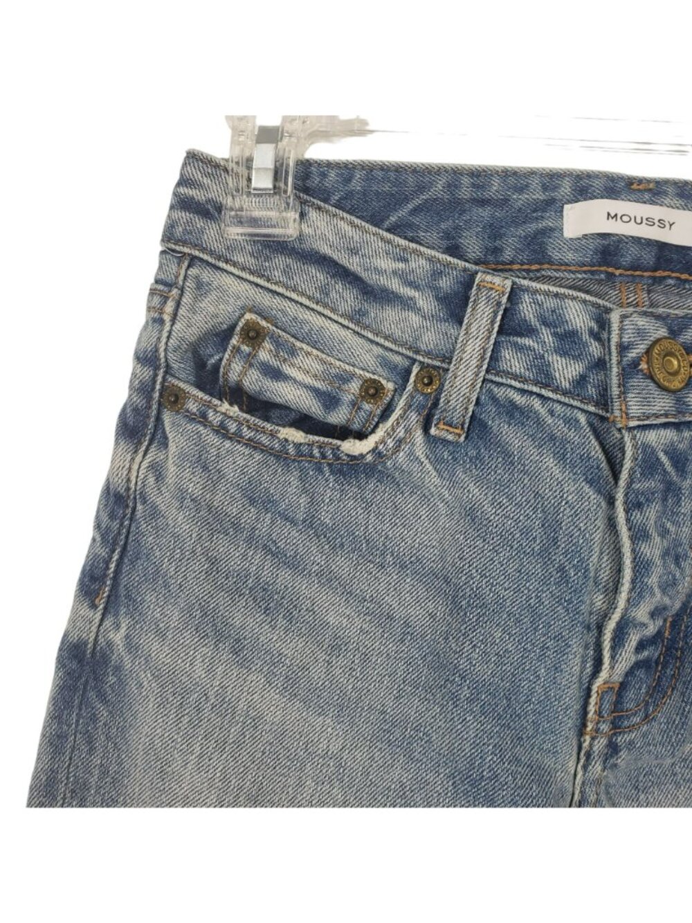 Moussy Cropped Flare Blue Light Wash Cropped Straight Leg Raw Hem Jeans - Picture 4 of 12